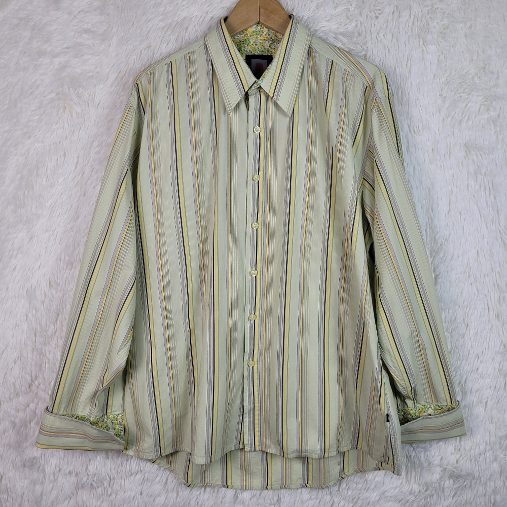 XL Sqwear Men's Green & Yellow Striped French Flip‎ Cuff Dress Shirt